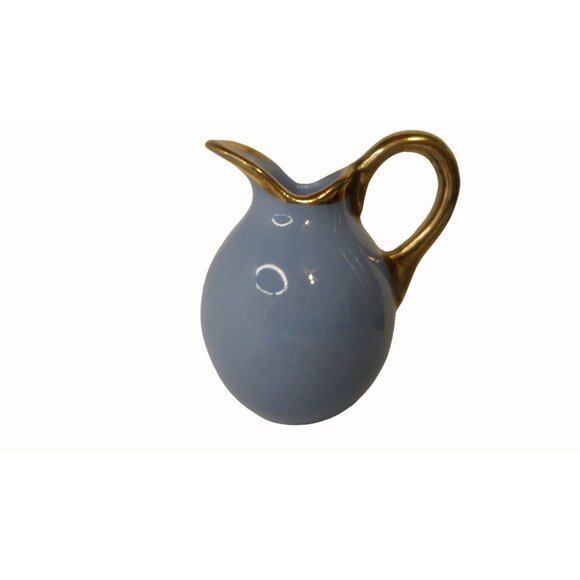 Miniature Blue Pitcher with Gold Rim and Handle Small Vase 2" x 2.5" - Picture 2 of 7